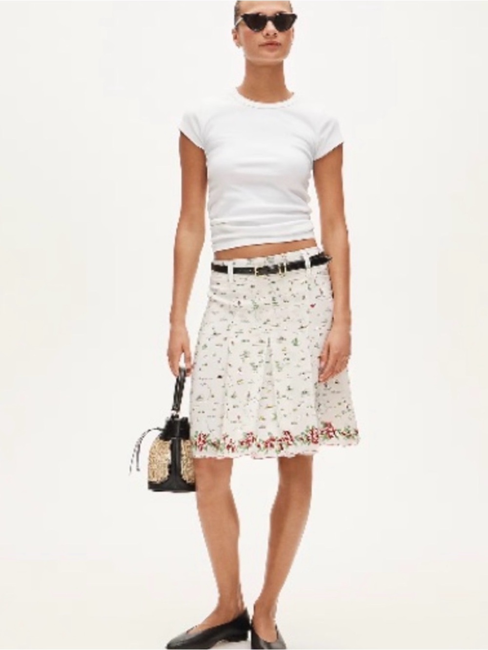 J. Crew White A-Line Skirt with Floral Print and Red Hem